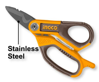 Forbici elettricista da 170mm in acciaio inox con impugnatura ergonomica gialla e marrone, lama con denti per spelafili e taglio cavi