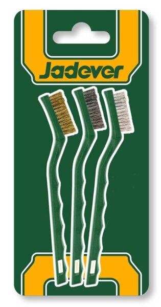 Set Spazzole Abrasive 7P Jadever con manico ergonomico e setole in ottone, acciaio e nylon. Ideale per pulizia e rimozione ruggine.