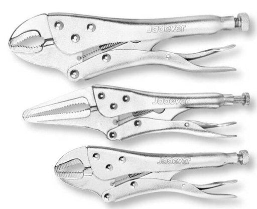 Set 3 Pinze di Bloccaggio in acciaio cromato, ideali per lavori di precisione e fissaggio sicuro. Utensili professionali per officina e fai da te.