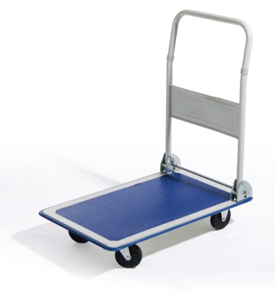 Carrello tuttofare portata 300 kg con pianale in materiale antiscivolo blu, struttura in alluminio, ruote robuste, ideale per traslochi e magazzini