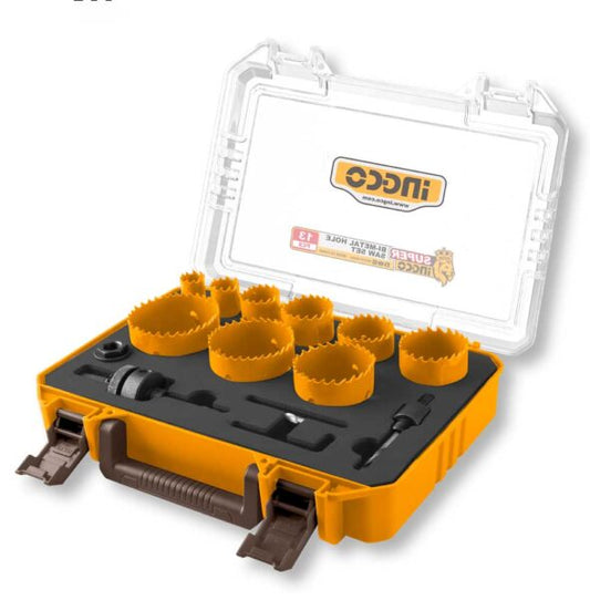 Set di 13 seghe a tazza bimetalliche di precisione in custodia gialla con accessori per tagli precisi, ideale per lavori di falegnameria e metallo - SKU: I/AKH0132