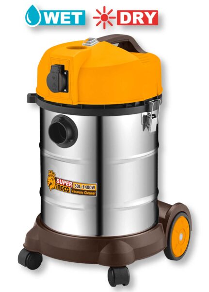 Bidone aspiratutto in acciaio inox da 30 litri con motore 1400W, colore giallo e nero, ideale per pulizie wet & dry, con ruote e accessori inclusi