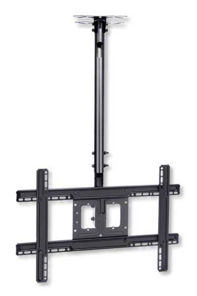 Supporto TV da soffitto regolabile per schermi 32-75 pollici, struttura in metallo nero con braccio estensibile e sistema passacavi, capacità 40 kg