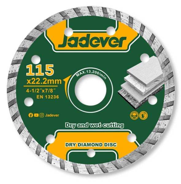 Disco Diamantato Turbo 115MM per Taglio Preciso Jadever, ideale per tagli su piastrelle, marmo e materiali edili. Utensileria professionale Eurogross.