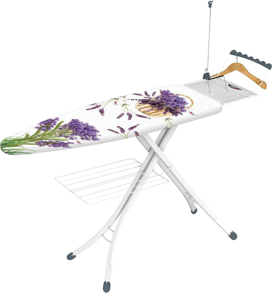 Asse da stiro Framar Golden con superficie decorata con lavanda, supporto per ferro da stiro, poggiacaldaia e accessori, struttura in metallo bianco