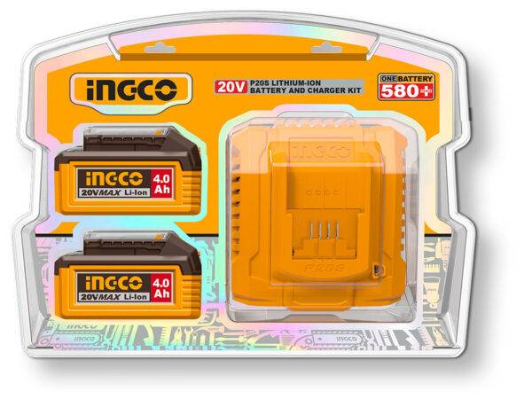 Set di batterie al litio da 20V 4Ah con caricabatterie rapido in confezione trasparente, compatibile con strumenti elettrici INGCO, SKU: I/FBCPK2013E