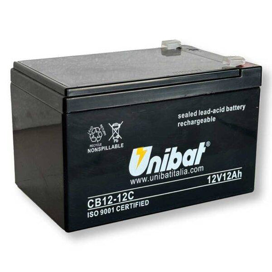 Batteria SLA Unibat 12V 12Ah piombo-acido sigillata, nera, compatta, con terminali di collegamento, ideale per servizi di backup energetico