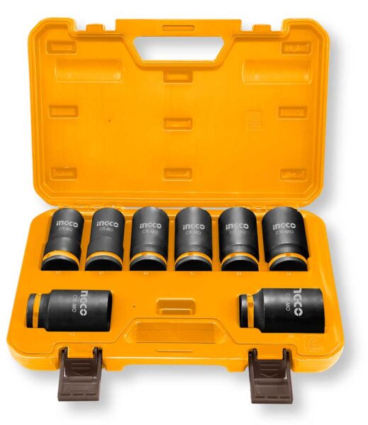Set di bussole impatto Cr-Mo da 3/4 in valigetta gialla con 8 bussole nere con dettagli arancioni, ideali per lavori impegnativi, SKU: I/HKISSD34082L