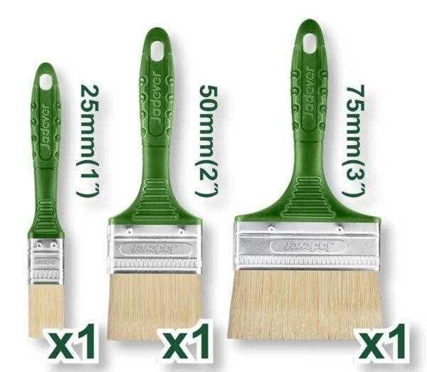 Set 3 Pennelli Setola Bionda con manico verde in plastica, misure 25mm, 50mm e 75mm, ideale per pittura precisa e professionale.