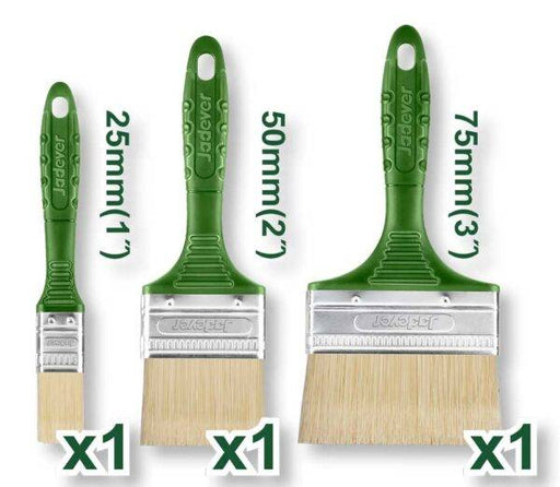 Set 3 Pennelli Setola Bionda con manico verde in plastica, misure 25mm, 50mm e 75mm, ideale per pittura precisa e professionale.