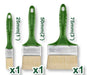 Set 3 Pennelli Setola Bionda con manico verde in plastica, misure 25mm, 50mm e 75mm, ideale per pittura precisa e professionale.