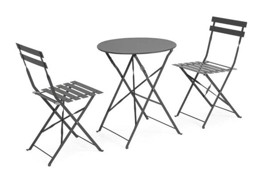 Set bistrot con tavolo rotondo e due sedie pieghevoli in acciaio verniciato nero, ideale per esterni, stile semplice e funzionale.