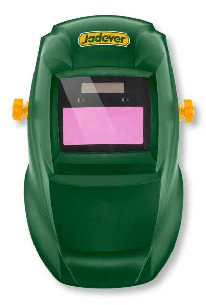 Maschera saldatura autoscurante Jadaver DIN 11 verde con visiera protettiva rosa e regolazioni laterali, ideale per saldatori professionisti.
