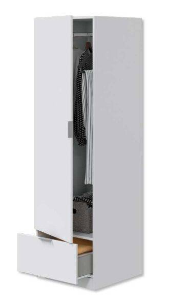 Armadio bianco compatto con anta singola e cassetto inferiore, interno con barra appendiabiti e spazio di stoccaggio, dimensioni 50x51x170 cm