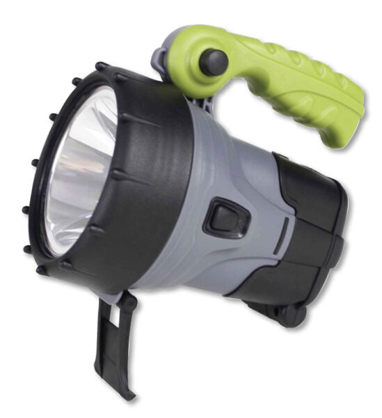 Torcia ricaricabile 450 lumen NEBULA con Power Bank, maniglia verde regolabile, base d'appoggio e 3 modalità luce. Ideale per uso esterno e campeggio.