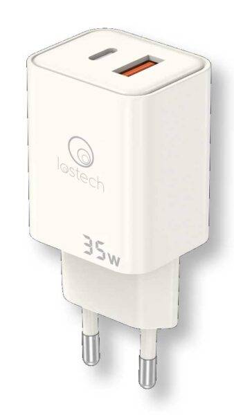 Caricatore USB universale da 35W con porta USB-C e porta USB tradizionale, design compatto bianco, ideale per ricariche rapide di dispositivi elettronici - SKU: LS-NC09