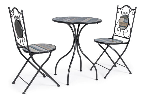 Set Tavolo e Sedie in Ferro e Ceramica Mosaico Houston – 3 Pezzi con struttura nera pieghevole, ideale per arredare giardini e terrazze.