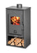 Stufa a legna in acciaio grigio con porta in vetro, vano porta legna sotto, canna fumaria superiore, perfetta per riscaldare ambienti domestici.