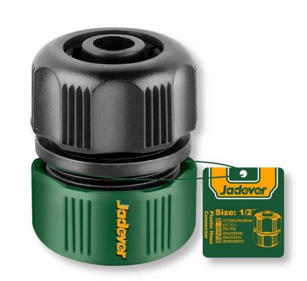 Raccordo giunzione tubo 1/2 pollice Jadever con attacco rapido, ideale per utensileria idraulica e giardinaggio domestico. Colori nero e verde.