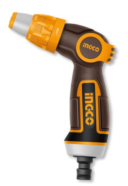 Pistola irrigazione Ingco a 3 getti con ugello regolabile, impugnatura in gomma nera e dettagli arancioni, ideale per irrigazione giardino.