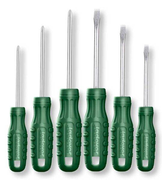 Set di 6 cacciaviti a croce e taglio con manico ergonomico verde, punte magnetiche in acciaio, ideali per riparazioni e montaggi di precisione