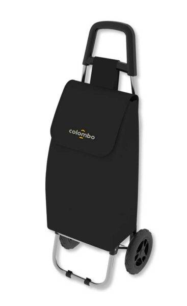 Carrello spesa con rivestimento in tessuto nero, manico in plastica e ruote robuste, ideale per la spesa quotidiana