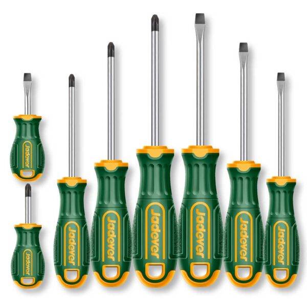 Set di 8 cacciaviti a croce e taglio con manico ergonomico verde e giallo, punte magnetiche in acciaio CR-V, vari formati per bricolage e professionisti - SKU: J/JDSS1408
