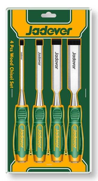 Set di 4 scalpelli per legno con manico ergonomico verde e giallo, lame in acciaio robusto, ideali per lavorazioni di precisione su legno.