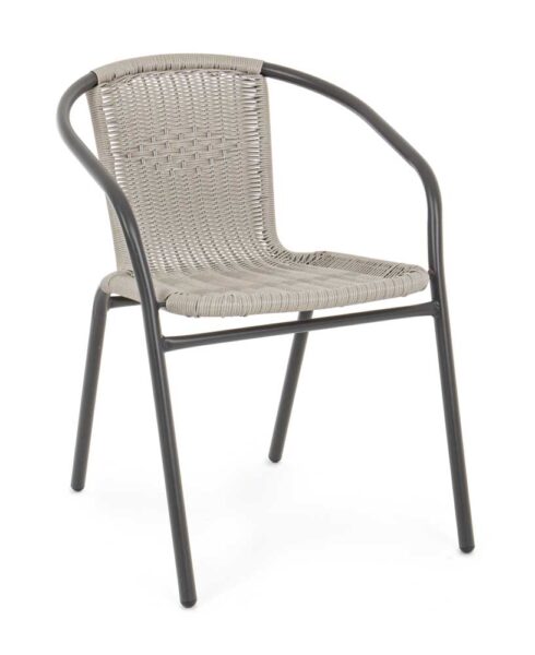 Sedia Ripley con braccioli 53x58x73 cm in acciaio nero e resina intrecciata cloud, ideale per arredare spazi esterni come giardini e terrazze.
