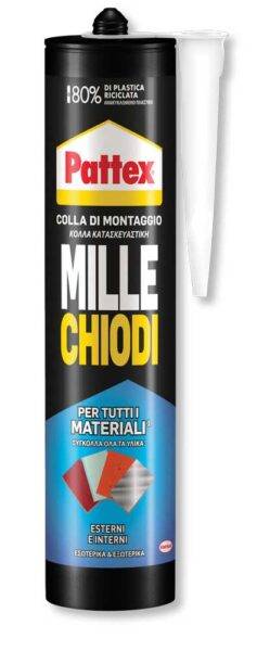 Sigillante adesivo di montaggio Pattex Millechiodi resistente all'acqua, tubo nero con etichetta gialla e rossa, ideale per materiali interni ed esterni, 450 g - SKU: PAT-1511441