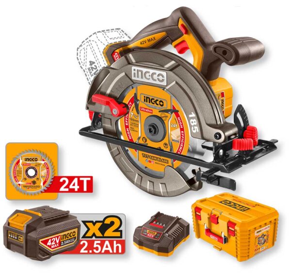 Sega circolare a batteria 185mm con lama da 185 mm, motore brushless 42V, corpo nero e giallo, impugnatura ergonomica, inclusa valigetta e due batterie da 2.5Ah