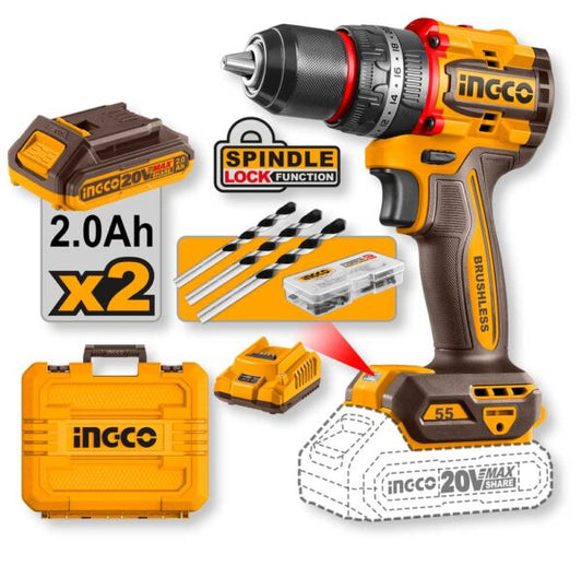 Trapano a percussione compatto senza spazzole da 20V con mandrino da 13mm, colore giallo e nero, con batteria da 2.0Ah e accessori inclusi