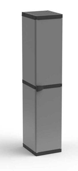 Armadio in resina alto con 3 ripiani regolabili, colore grigio e nero, dimensioni 34x39,5x168 cm, ideale per spazi di archiviazione.