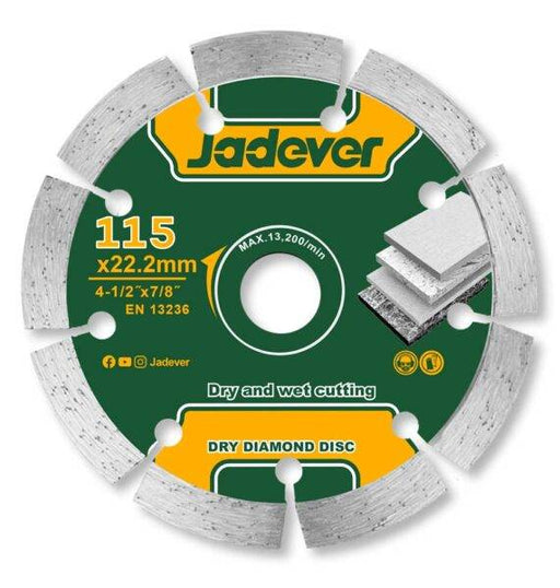Disco Diamantato Segmentato 115MM Jadever per taglio a secco e a umido, ideale per materiali duri. Acquista Disco Diamantato Segmentato 115MM su Eurogross.