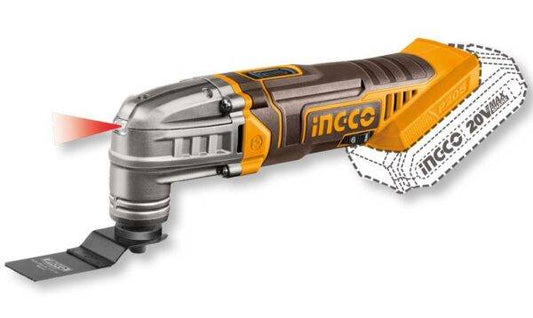 Utensile multifunzione a batteria 20V con corpo in plastica nera e gialla, dotato di laser rosso e accessori inclusi, ideale per lavori di precisione