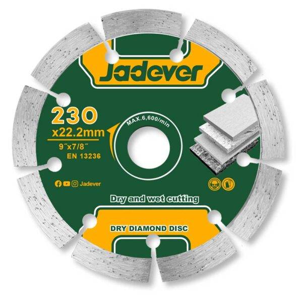 Disco Diamantato Segmentato 230MM Jadever per taglio a secco e a umido, ideale per materiali edili. Utensileria professionale resistente.