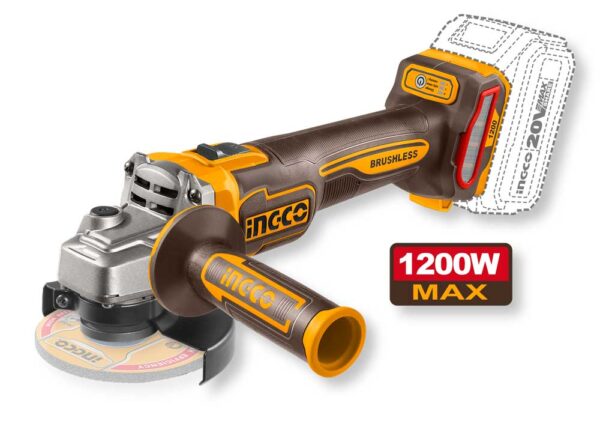Smerigliatrice angolare a batteria 125mm con motore brushless da 1200W, corpo in plastica marrone e giallo, impugnatura ergonomica, senza batteria, SKU: I/CAGLI221253E