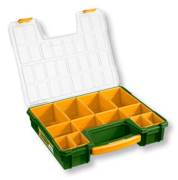 Valigetta Porta Minuterie 13.5" con 12 contenitori removibili in plastica, struttura verde con maniglia gialla e coperchio trasparente.