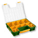 Valigetta Porta Minuterie 13.5" con 12 contenitori removibili in plastica, struttura verde con maniglia gialla e coperchio trasparente.