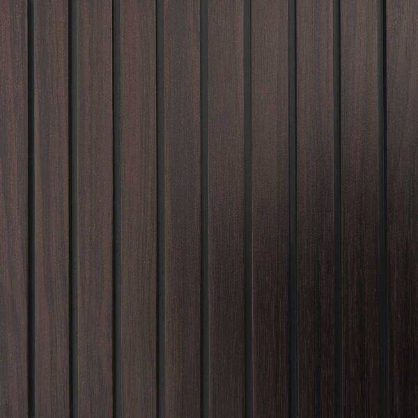 Pannello murale in PVC effetto legno 3D con doghe verticali in tonalità scura, design sofisticato e facile manutenzione, SKU: PANMU-44037