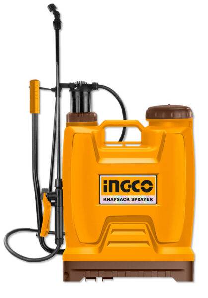 Pompa irroratrice a spalla 16 litri INGCO in colore giallo con ugello regolabile, ideale per giardinaggio e trattamenti fitosanitari.