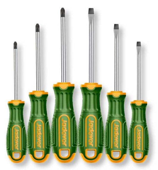 Set di 6 cacciaviti a croce e a taglio CR-V con manico ergonomico verde e giallo, punte magnetiche di precisione, ideale per lavori di bricolage e riparazioni.