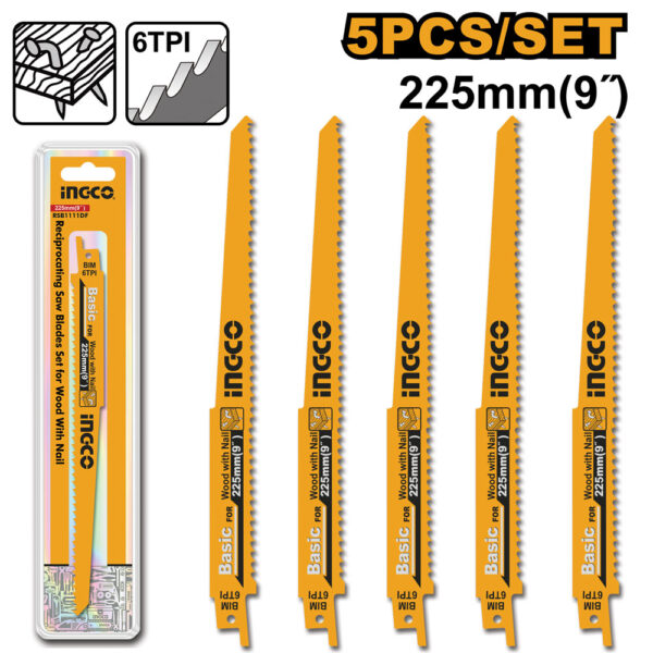 Satz mit 5 Sägeblättern 225 mm, 6 TPI, für Säbelsäge, Holzschneiden