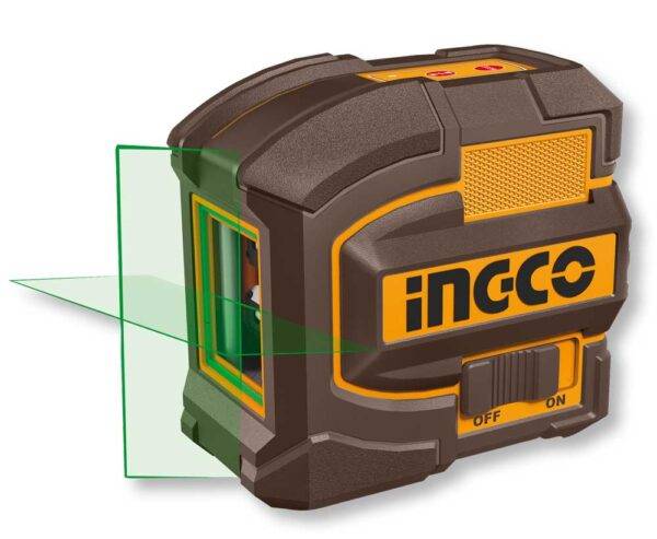 Livella laser verde compatta con corpo in plastica nera e dettagli gialli, con livello a bolla e laser a raggio verde, ideale per misurazioni precise in edilizia, SKU: I/HLL156601