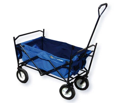 Carrello portatutto pieghevole con struttura in metallo nero, sacca blu, quattro ruote grandi e manico ergonomico, ideale per trasporti outdoor.