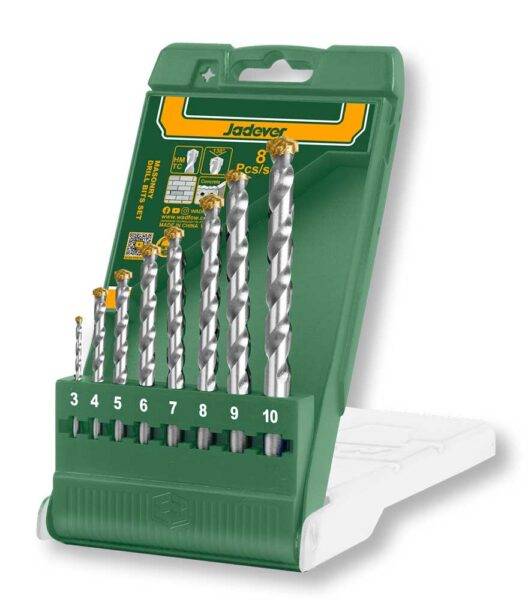 Set Punta Muro Jadever 8 Pz con punte da 3 a 10 mm in custodia verde, ideale per forature precise su pareti. Perfetto per uso professionale e fai da te.