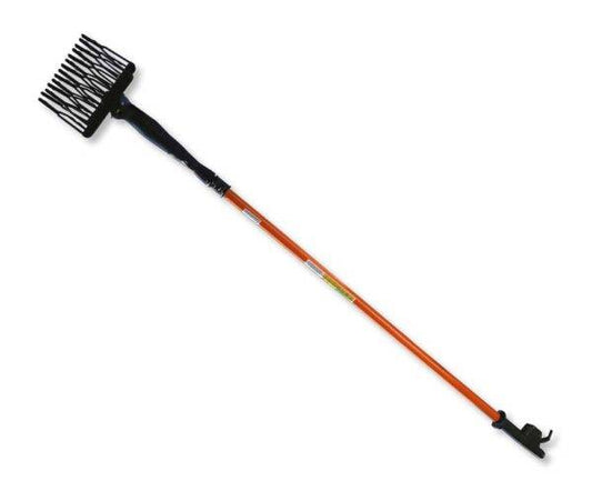 Scuotitore Olive Spider telescopico 12V con manico estensibile, strumento da giardinaggio in plastica nera e acciaio arancione, ideale per raccogliere olive
