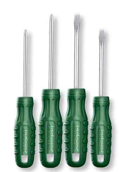 Set di 4 cacciaviti con manico in plastica verde e punte magnetiche, ideali per lavori di fai da te e manutenzione, vari tipi di taglio e croce.