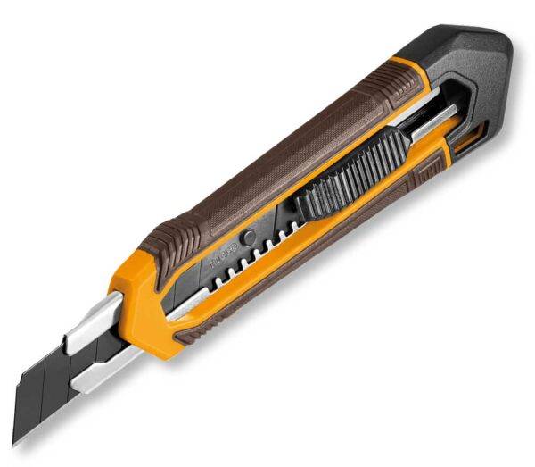 Taglierino con lama SK4 18×100 mm con impugnatura antiscivolo in plastica e metallo, utensile manuale per tagli precisi, colore giallo e nero - SKU: I/HKNS11815