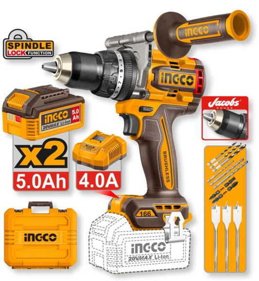 Trapano a percussione compatto senza spazzole 20V con mandrino da 13mm, colore arancione e nero, con batteria da 5.0Ah e accessori, ideale per lavori di bricolage e professionali.